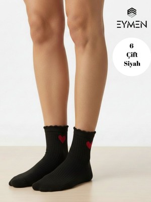 Eymen Socks 6 Çift Siyah Kalp Desenli Yarım Konç Kadın Çorap Pamuklu Premium Kalite