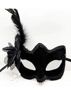 Ttt Siyah Süet Yandan Tüylü Incili Parti Maskesi