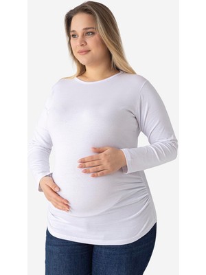 Beyaz Uzun Kollu Hamile Tişört Pamuklu Likralı Yumuşak ve Esnek Kumaş