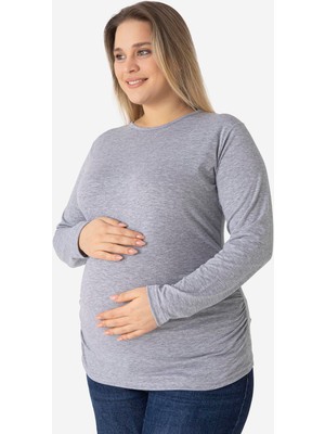 Gri Uzun Kollu Hamile Tişört Pamuklu Likralı Yumuşak ve Esnek Kumaş