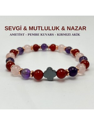 UltraMint Doğal Taş Elastik Bileklik Seti, Sevgi, Mutluluk ve Nazar Koruyucu