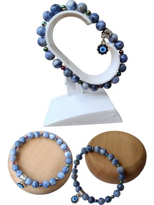 UltraMint Doğal Taş Bileklik, Sodalit ve Hematit Taşı, Nazar Boncuklu Şık Tasarım