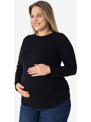 Siyah Uzun Kollu Hamile Tişört Pamuklu Likralı Yumuşak ve Esnek Kumaş