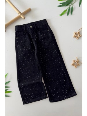 Miniğimin Cicileri Taş Detaylı  Geniş Paça Kız Çocuk Kot Pantolon - Siyah