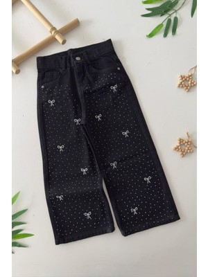 Miniğimin Cicileri Fiyonk Taş Detaylı Geniş Paça Kız Çocuk Kot Pantolon - Siyah