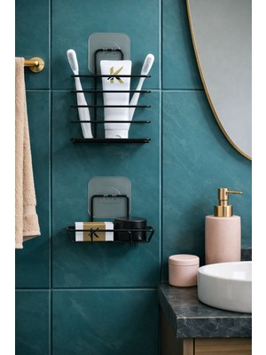 Karteya Paslanmaz Metal Banyo Duvar Organizeri - Yapışkanlı Diş Fırçalık ve Sabunluk Seti - 2'li Süper Set