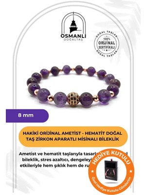 UltraMint Doğal Ametist Hematit Bileklik, Sevgililer Günü Için Özel Kutuda, Zirkon Aparatlı