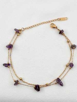 UltraMint Şık Çelik Çift Zincirli Ametist Taşlı Bileklik, Zarif Takı Tarzı