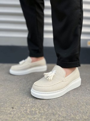 Zapatos JY154 Blaze Bağcıksız Püsküllü Keten Erkek Günlük Spor Klasik Ayakkabı Kbt - Beyaz