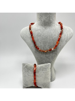 UltraMint Doğal Kırmızı Akik Taşlı Makrome Bileklik ve Kolye Seti