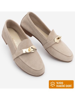 Marjin Kadın Loafer Hakiki Deri Tokalı Makosen Günlük Ayakkabı Nador Bej Süet