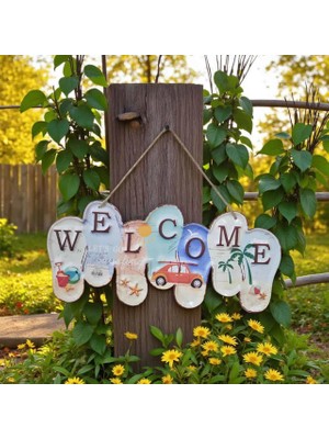 Elifeshop Welcome Let’s Go Surfing Metal Kapı Süsü 40 cm | Bahçe Duvar Hoş Geldiniz Levhası Dekoratif Obje