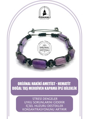 UltraMint Doğal Ametist ve Hematit Taşlı Merdiven Kapama Ipli Bileklik