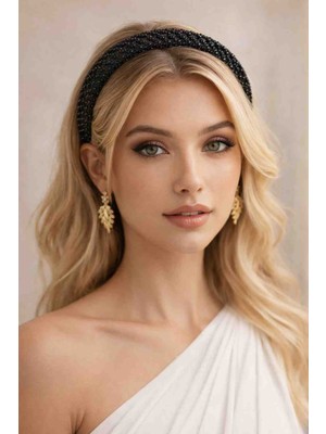 Reborn Design Zirkon Taş ve Inci Detaylı Bombe Model Siyah Renk Kadın Taç