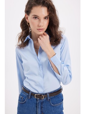Tudors Kadın Slim Fit Non-Iron Pamuklu Vücuda Oturan Ütü Gerektirmez Pensli Mavi Gömlek