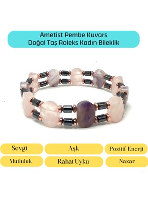 UltraMint Doğal Ametist, Pembe Kuvars, Hematit Taşlı Kadın Bileklik, Elegant Takı