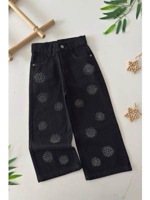 Miniğimin Cicileri Çiçekli  Taş Detaylı  Geniş Paça Kız Çocuk Kot Pantolon - Siyah