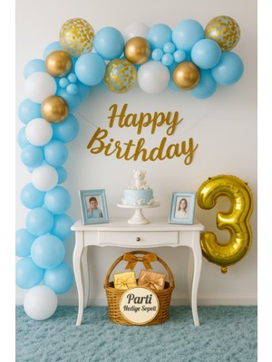 Mavi Beyaz Gold 3 Yaş Doğum Günü Balon Seti Happy Birthday Yazısı + Gold Rakam Folyo