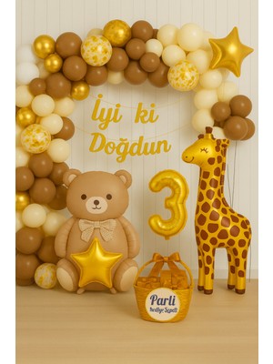 Beren Parti Ayı ve Zürafa Temalı Doğum Günü Parti Seti | Altın Renkli Balonlar, Balon Zinciri ve İyi Ki Doğdun Yazısı