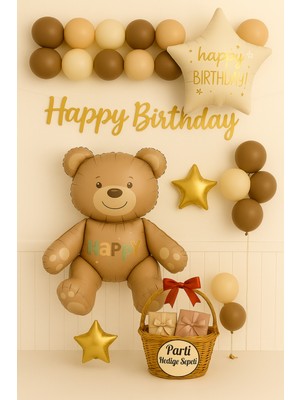 Ayıcık Temalı Doğum Günü Süs Seti | Bej Kahve Gold Balonlu