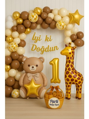 Ayı ve Zürafa Temalı Doğum Günü Parti Seti | Gold Balonlar, Balon Zinciri ve Iyi Ki Doğdun Yazısı