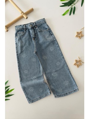 Miniğimin Cicileri Çiçekli  Taş Detaylı  Geniş Paça Kız Çocuk Kot Pantolon - Mavi