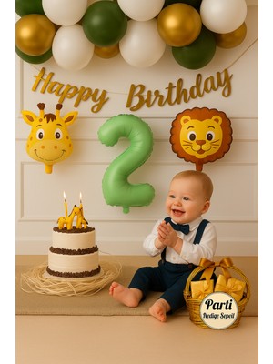 Safari Temalı 2 Yaş Doğum Günü Balon Seti | Aslan Zürafa Folyo Balon + Happy Birthday Yazısı