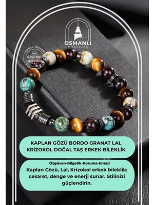 UltraMint Doğal Kaplan Gözü, Bordo Granat, Lal, Krizokol Erkek Bileklik