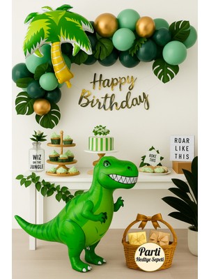 Yeşil Dinozor Temalı Doğum Günü Balon Seti | Palmiye Folyo + Happy Birthday Yazısı + Balon Zinciri