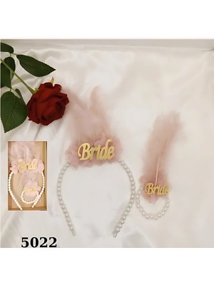 Bride Incili Tüylü Taç ve Bileklik Seti