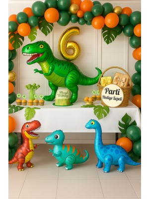 Dinozor Temalı 6 Yaş Doğum Günü Balon Seti | 4 Folyo Dinozor + Rakam Balon + Yeşil Turuncu Balonlar