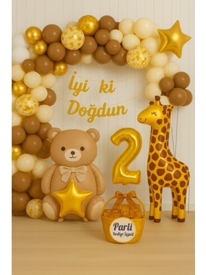 Beren Parti Ayı ve Zürafa Temalı Doğum Günü Parti Seti | Gold Renkli Balonlar, Balon Zinciri ve  İyi Ki Doğdun Yazısı