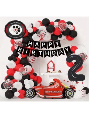 Siyah Beyaz Kırmızı Yarış Araba Konseptli 2 Yaş Doğum Günü Parti Kutlama Seti