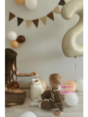 Pastel Retro Kahverengi Tonlar Flama 2 Yaş Folyo Balon Set 10 Adet Krem Lateks Balonlar