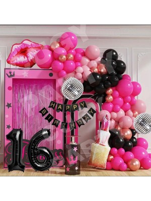 Dudak Ruj Disko Topu  Konseptli Fuşya Siyah Renklerinde Doğum Günü Parti Seti