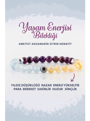 UltraMint Doğal Taş Bileklik, Sertifikalı, Ametist, Akuamarin, Sitrin, Hematit, 6mm