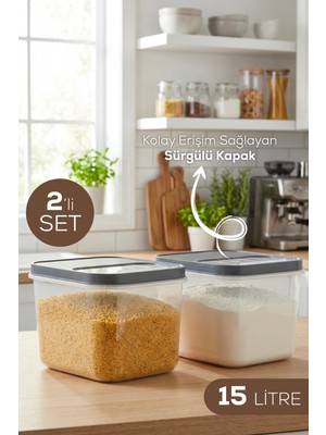 Vienev 2'li 15 Litre Sürgülü Kapaklı Çok Amaçlı Un Bakliyat Erzak Saklama Kabı