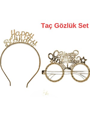 Beren Parti Happy Birthday Gold Taç Gözlük Seti, Doğum Günü İçin Şık Aksesuar, Altın Renkli, 2 Parça