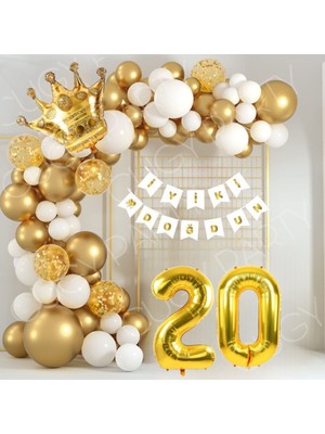 20 Yaş Doğum Günü Seti Gold Kral Taçlı  Gold Beyaz Şeffaf Konfetili Balon Seti