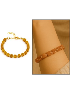 UltraMint Gold Renk Metal Zincirli Kadın Bileklik, Dorika ve Damla Kehribar Detayı