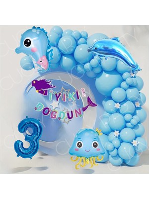 Mavi Deniz Anası Yunus Balığı Deniz Atı Figürlü Konsept Doğum Günü Süsü Parti Seti