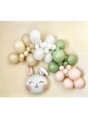 Retro Tavşan Figürlü Pembe Yeşil Beyaz Krem Renklerinde Balon Zinciri Doğum Günü Parti Süsleme Seti
