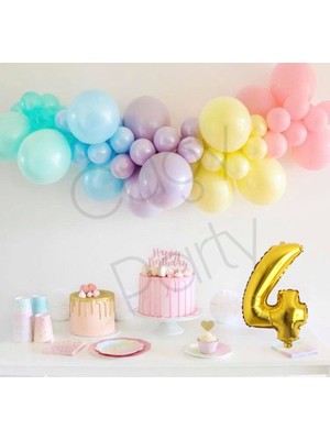 Makaron Gökkuşağı Renkleri Gold 4 Yaş Rakamlı Doğum Günü Süsü Parti  ve Balon Zinciri Seti