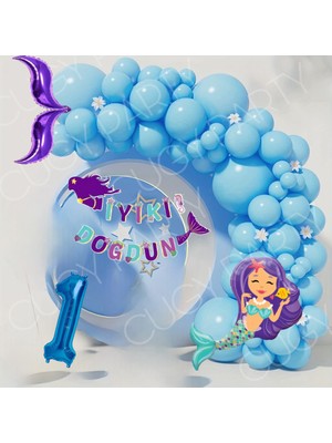 Mavi Deniz Kızı Konsept Yaş Rakamlı Balık Kuyruğu Doğum Günü Süsü Balon Seti