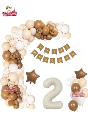 2 Yaş Krem Kraft Bannerli Kahve Beyaz Konsept Doğum Günü Seti