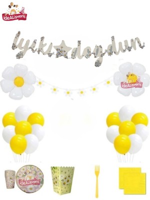 8 Kişilik Papatya Desenli Iyiki Doğdun Kalioğrafili Doğum Günü Konsepti