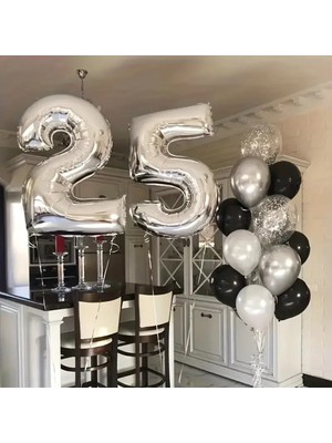 Yetişkinlere Özel Doğum Günü Süsü Siyah Gümüş Pembe 25 Yaş Rakamlı Şık Konsept Parti Kutlama Seti