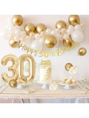 Happy Brithday 30 Yaş Rakamlı Gold&beyaz Mini Doğum Günü Mezunuiyet Özel Gün Parti  Kutlama Seti