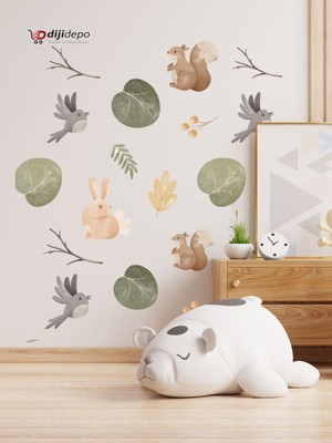 Dijidepo Boho Orman Hayvanları Duvar Sticker Seti - Sulu Boya Sincap, Tavşan, Kuş ve Yapraklar Bebek Odası Dekorasyonu