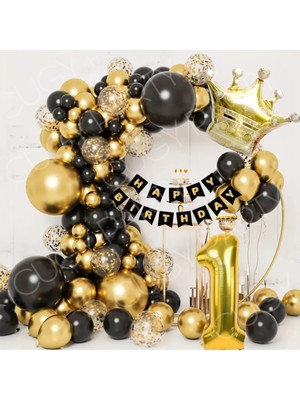 Altın Kral & Kraliçe  Taçlı Siyah Doğum Günü Yeni Doğan Özel Gün Parti Kutlama Seti